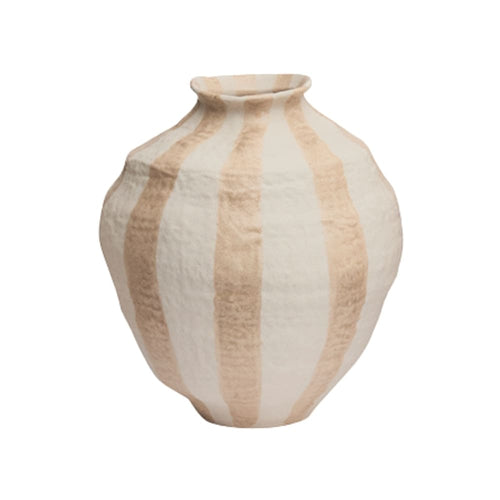 Vaso de cerâmica com listras bege e marfim, 30 cm, acabamento artesanal natural