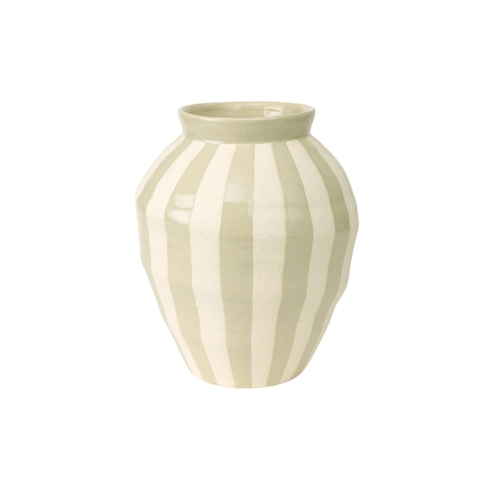 Vaso de cerâmica artesanal com listras verdes, 22 cm, em fundo neutro