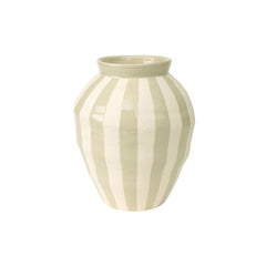 Vaso de cerâmica artesanal com listras verdes, 22 cm, em fundo neutro