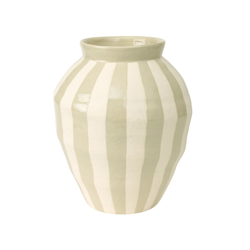 Vaso de cerâmica artesanal com listras verdes, 31cm, nas cores marfim e verde