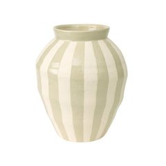 Vaso de cerâmica artesanal com listras verdes, 31cm, nas cores marfim e verde