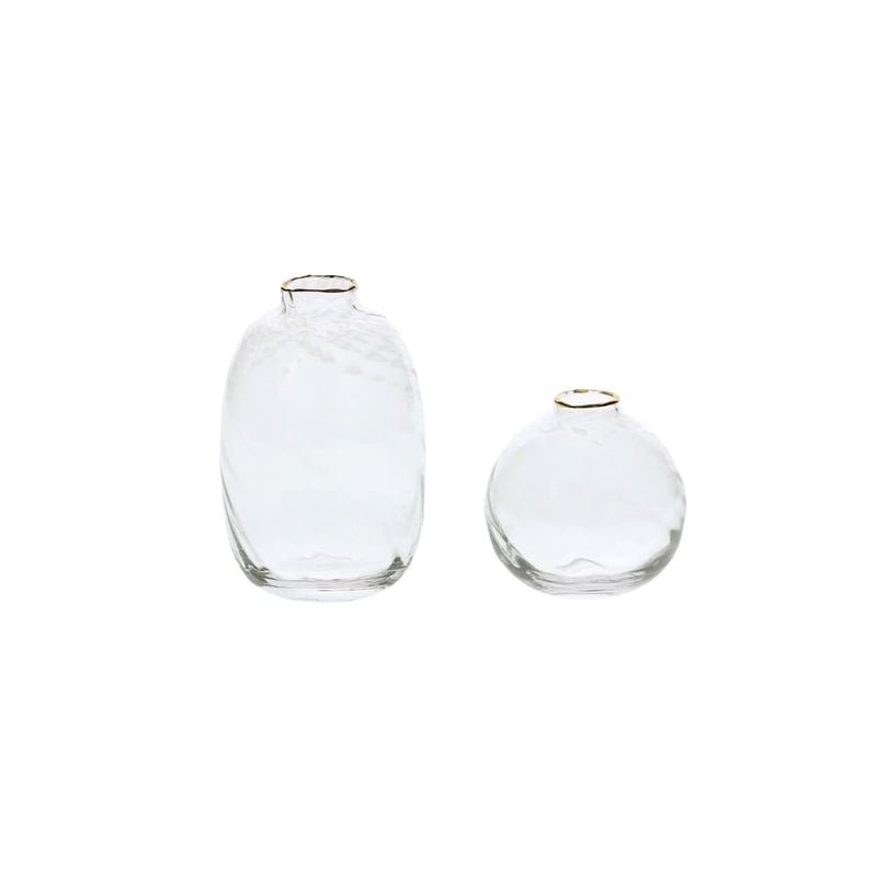 Set com 2 mini vasos de vidro transparente com detalhes dourados, tamanhos P e M