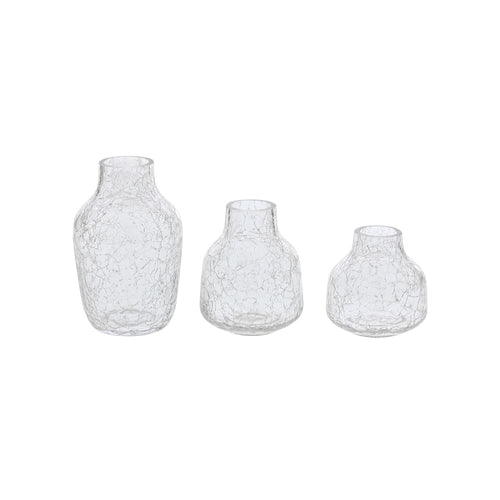 Set com 3 mini vasos de vidro craquelado transparente em tamanhos P, M e G