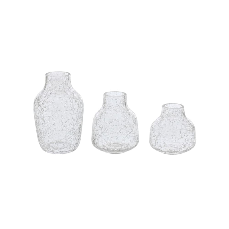 Set com 3 mini vasos de vidro craquelado transparente em tamanhos P, M e G