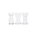 Set com 3 mini vasos de vidro transparente em formatos variados, 12cm de altura