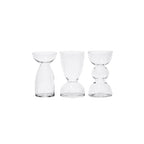 Set com 3 mini vasos de vidro transparente em formatos variados, 12cm de altura