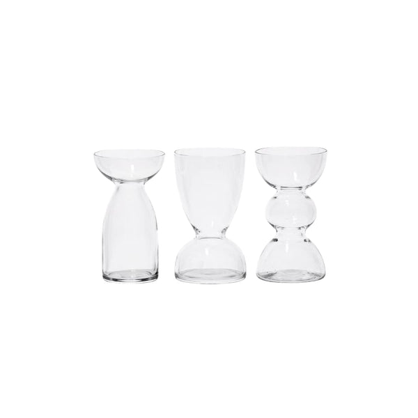 Set com 3 mini vasos de vidro transparente em formatos variados, 12cm de altura