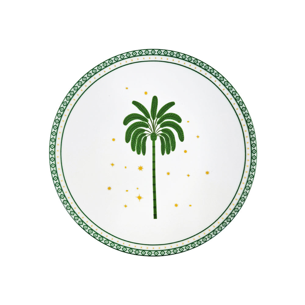 Prato de sobremesa de porcelana Zahidi branco com detalhes em verde e dourado, coleção Natal Lolahome