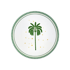 Prato de sobremesa de porcelana Zahidi branco com detalhes em verde e dourado, coleção Natal Lolahome