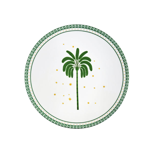 Prato de sobremesa de porcelana Zahidi branco com detalhes em verde e dourado, coleção Natal Lolahome
