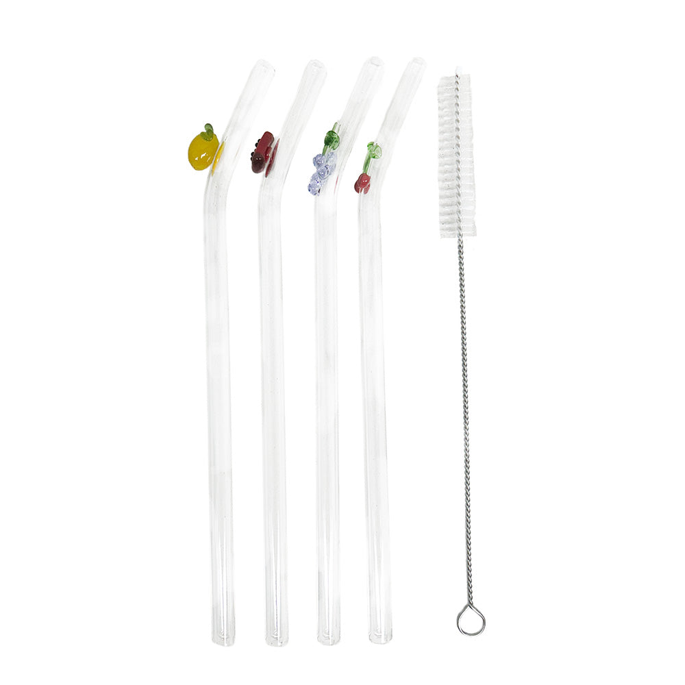 Set de canudos de vidro Lolahome com frutinhas, 4 peças com limpador