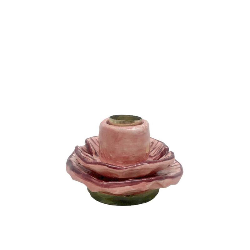 Castiçal de cerâmica artesanal papoula rosa e bordô Lolahome