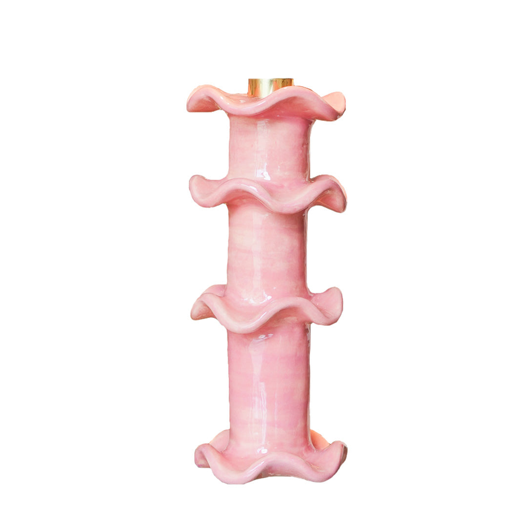 CASTIÇAL CERÂMICA ARTESANAL BABADO ROSA 20CM