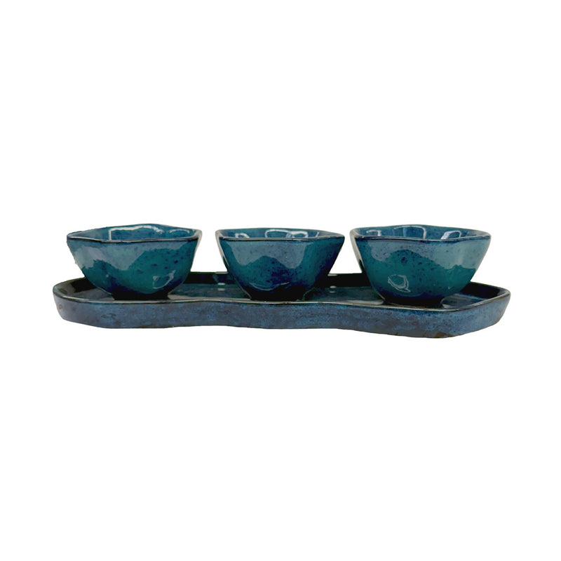 SET APERITIVO BANDEJA E 3 BOWLS CERÂMICA  AZUL