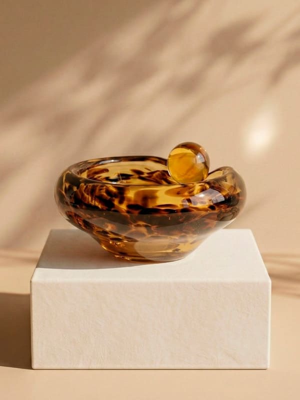 Bowl artesanal em Cristal Murano amarelo com detalhes em marrom, 15x7cm, desenvolvido no Brasil pela Lolahome