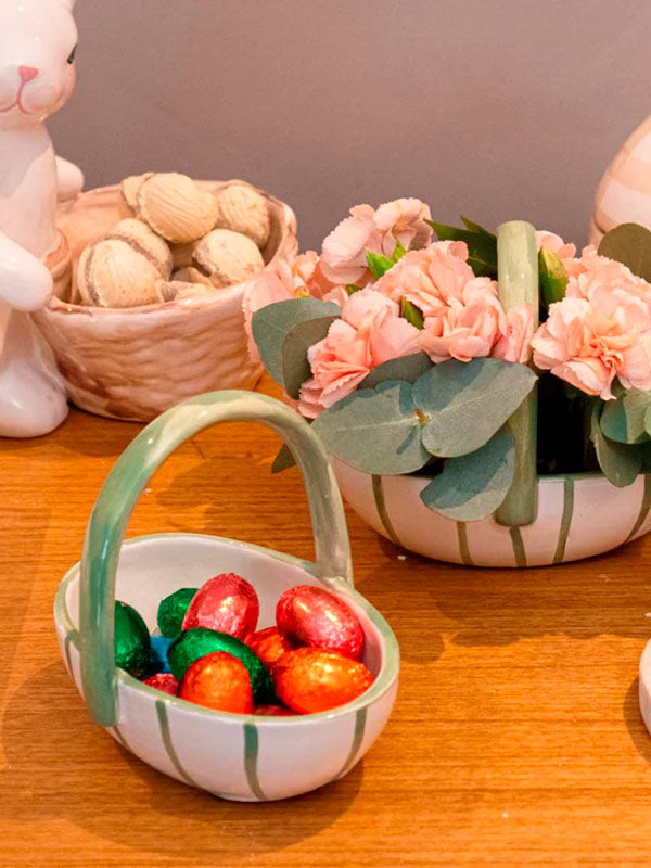 Cestinha de cerâmica verde com listras brancas, bowl decorativo artesanal Lolahome