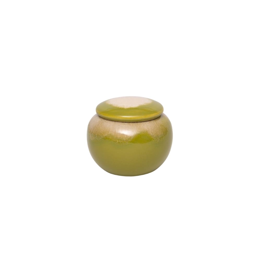 Pote de cerâmica artesanal redondo na cor verde, 6 cm, acabamento natural único