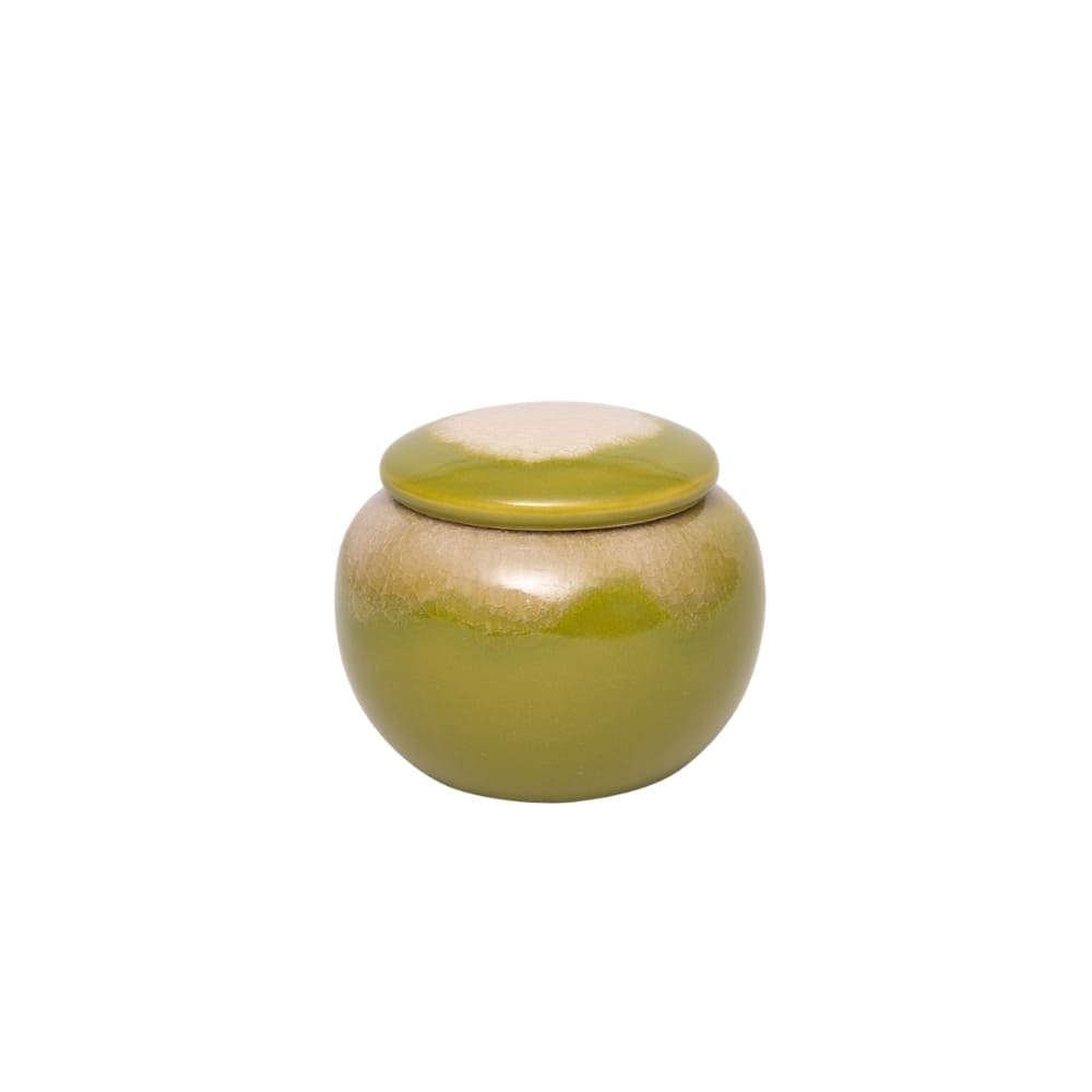 Pote de cerâmica artesanal redondo na cor verde, 8 cm, acabamento natural único