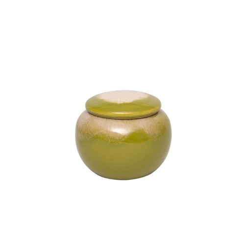 Pote de cerâmica artesanal redondo na cor verde, 8 cm, acabamento natural único