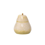 Potinho decorativo em cerâmica no formato de pera, cor bege com detalhes verde, 12cm de altura