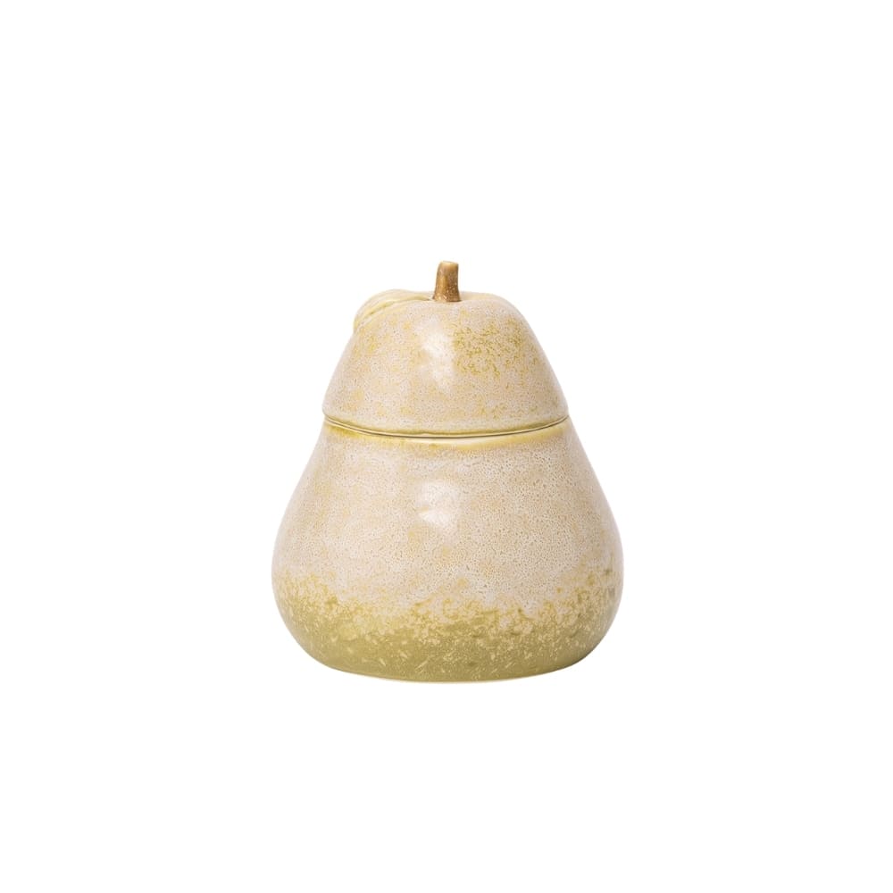 Potinho decorativo em cerâmica no formato de pera, cor bege com detalhes verde, 12cm de altura