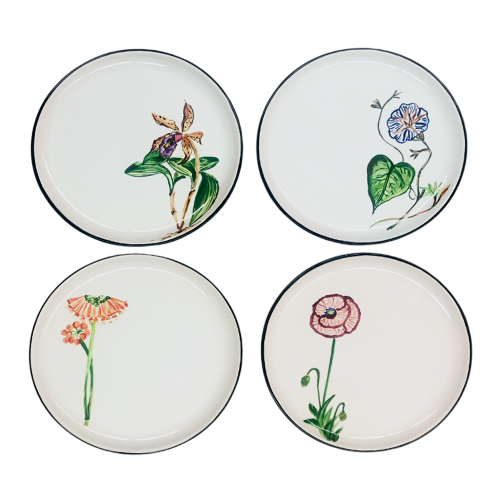 SET 4 PRATOS DE SOBREMESA CERÂMICA ARTESANAL FLORES RARAS