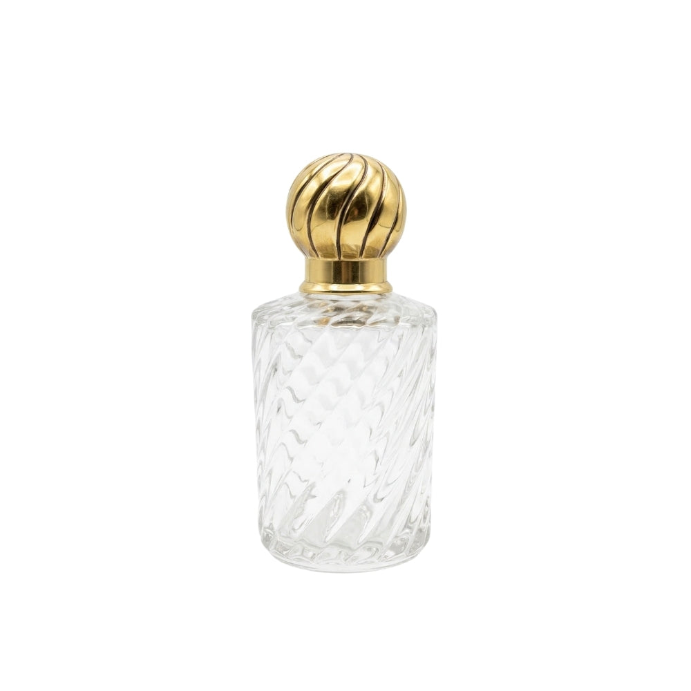 Mini garrafa de vidro lapidado transparente vintage, 15,5cm de altura, com tampa de metal para decorar ou servir.