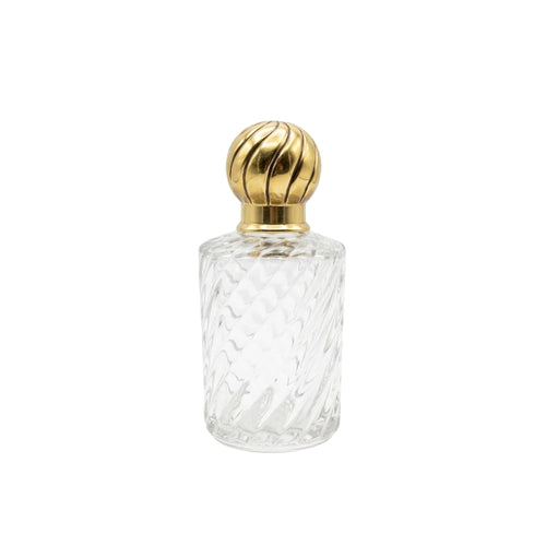 Mini garrafa de vidro lapidado transparente vintage, 15,5cm de altura, com tampa de metal para decorar ou servir.