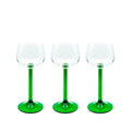 Conjunto taça de vidro transparente vintage, haste com detalhe verde, 15cm de altura, garimpo italiano dos anos 70 para decorar e servir.