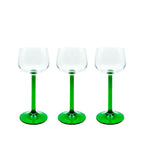 Conjunto taça de vidro transparente vintage, haste com detalhe verde, 15cm de altura, garimpo italiano dos anos 70 para decorar e servir.