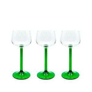 Conjunto taça de vidro transparente vintage, haste com detalhe verde, 15cm de altura, garimpo italiano dos anos 70 para decorar e servir.