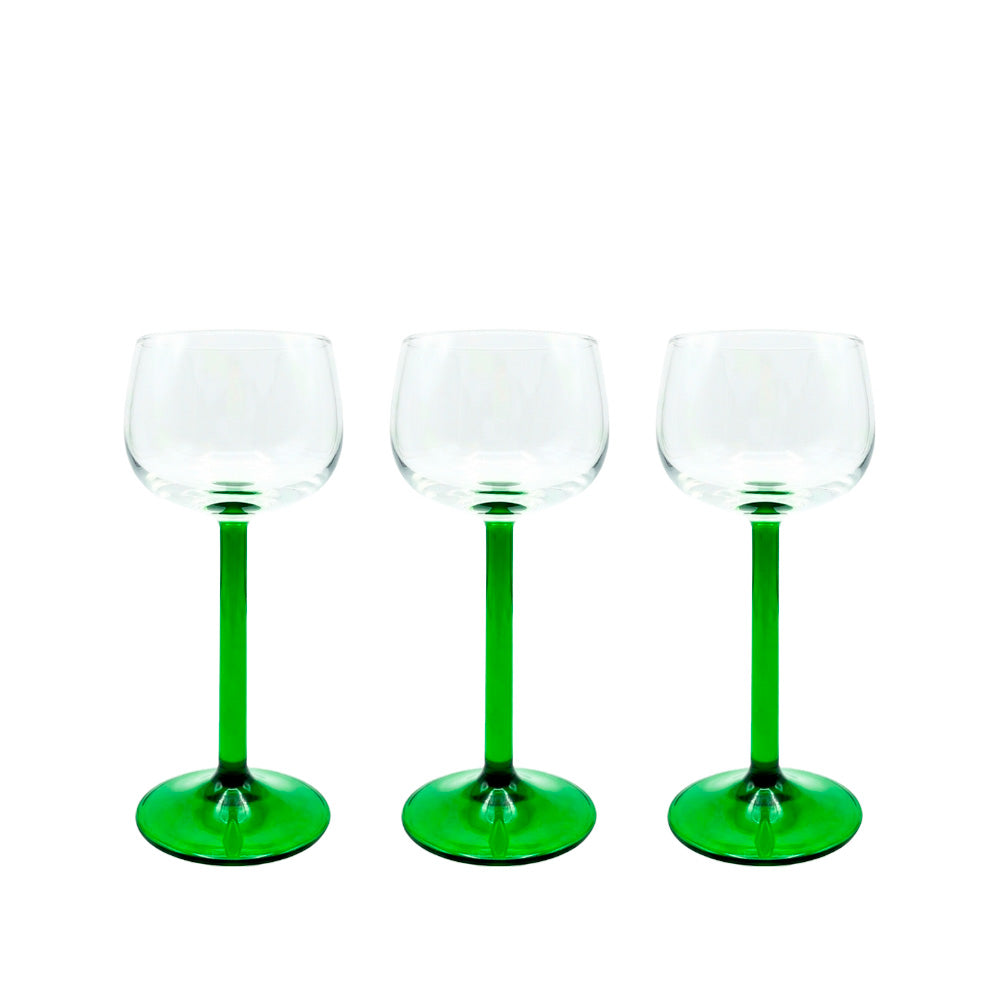 Conjunto taça de vidro transparente vintage, haste com detalhe verde, 15cm de altura, garimpo italiano dos anos 70 para decorar e servir.