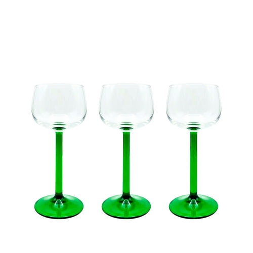 Conjunto taça de vidro transparente vintage, haste com detalhe verde, 15cm de altura, garimpo italiano dos anos 70 para decorar e servir.
