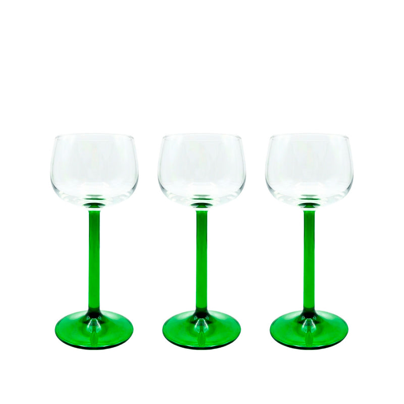Conjunto taça de vidro transparente vintage, haste com detalhe verde, 15cm de altura, garimpo italiano dos anos 70 para decorar e servir.