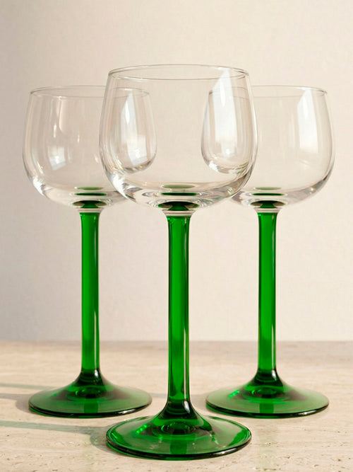 Conjunto de 3 taças de vidro vintage anos 70, origem Itália, transparente com detalhe verde — Lolahome