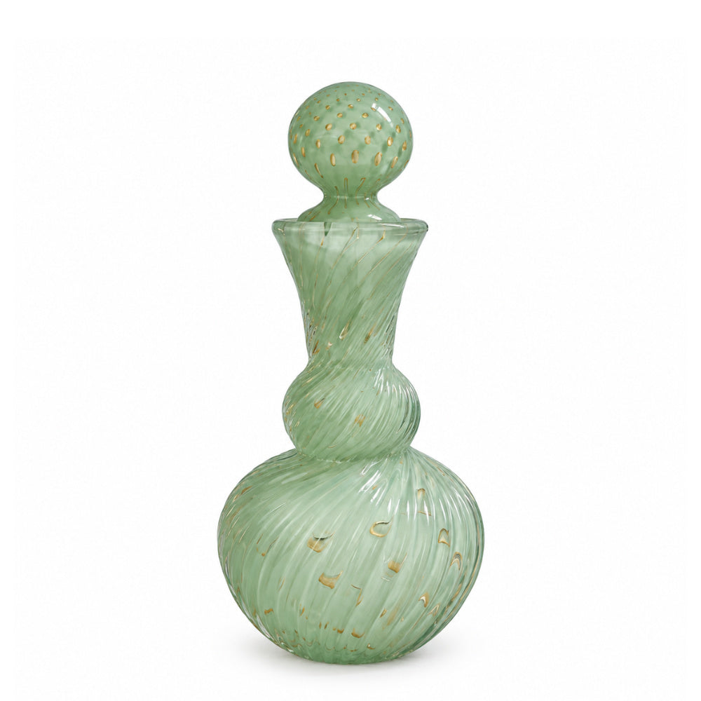 Garrafa de Murano Francesa Verde com Ouro e Tampa 28cm
