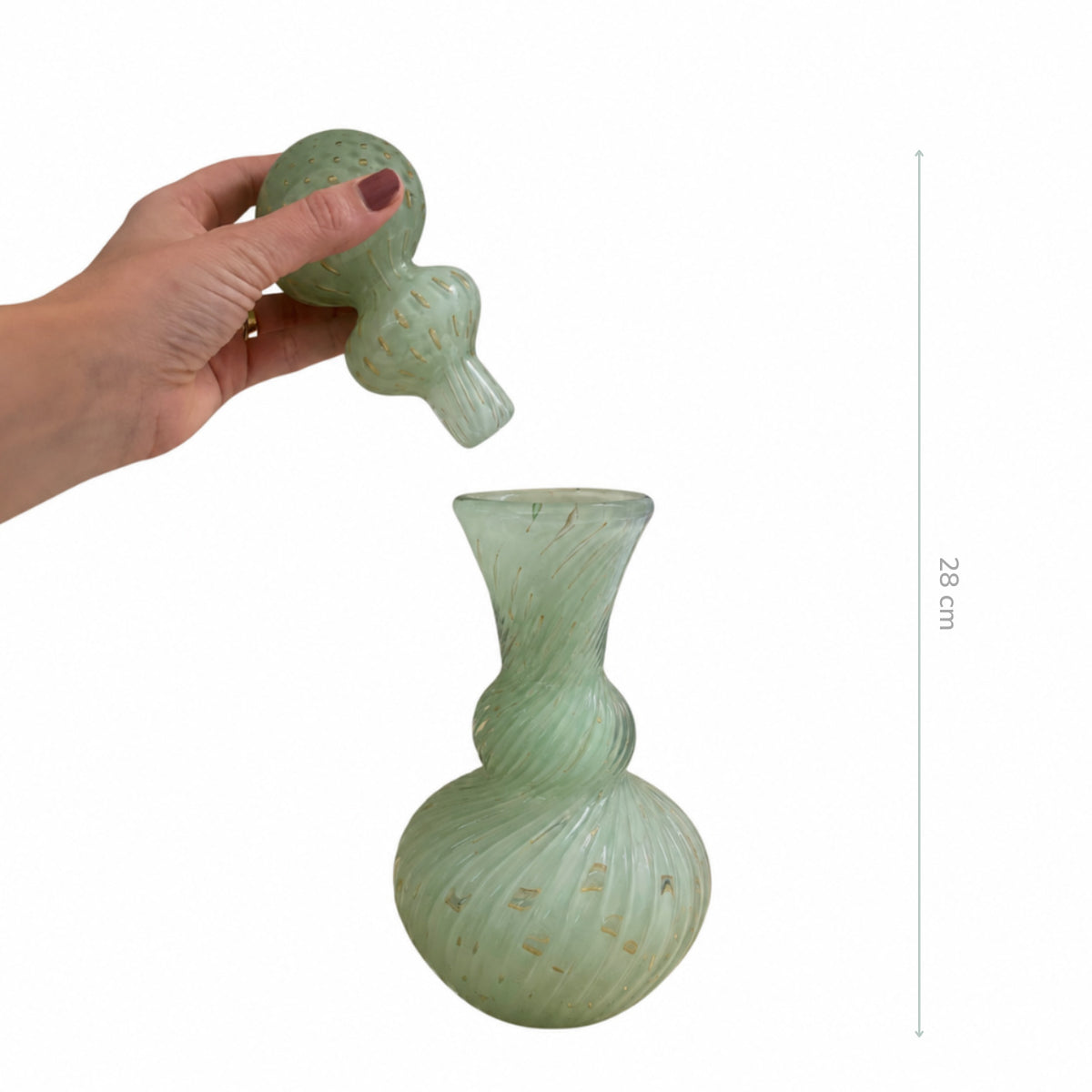 Garrafa de Murano Francesa Verde com Ouro e Tampa 28cm