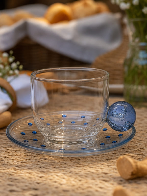 XÍCARA E PIRES EM VIDRO FIZZ AZUL 120ML