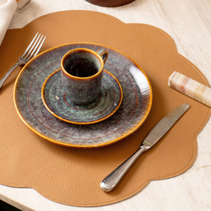 JOGO AMERICANO DUPLA FACE IMPERMEÁVEL REDONDO FLOR AZUL E CARAMELO 42 CM