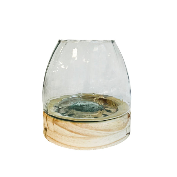 VASO DE VIDRO BASE MADEIRA PARATY M 15CM