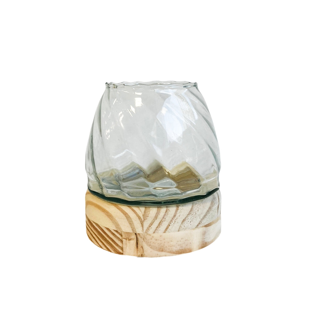 VASO DE VIDRO BASE MADEIRA PARATY P 13CM