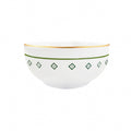 Bowl redondo de porcelana branca da coleção Zahidi, apresentando estampa exclusiva com detalhes em verde e dourado. A peça possui tamanho de 12 cm de diâmetro por 8 cm de altura, com design autoral Lolahome produzido no Brasil, garantindo um acabamento chic e atemporal para a mesa posta.