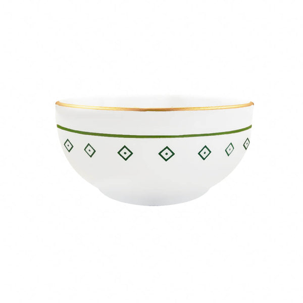 Bowl redondo de porcelana branca da coleção Zahidi, apresentando estampa exclusiva com detalhes em verde e dourado. A peça possui tamanho de 12 cm de diâmetro por 8 cm de altura, com design autoral Lolahome produzido no Brasil, garantindo um acabamento chic e atemporal para a mesa posta.