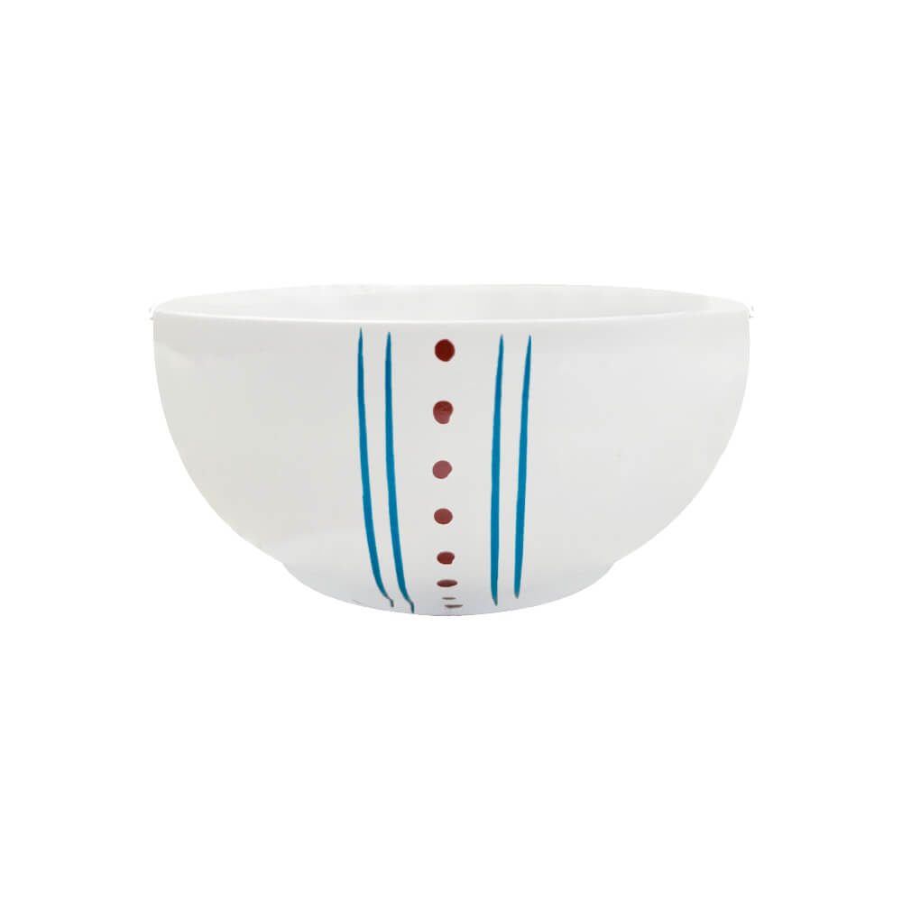 Bowl redondo de cerâmica artesanal branca da coleção La Dolce Vita, apresentando estampa exclusiva com detalhes em tons de marsala e azul. A peça possui tamanho de 13 cm, com acabamento manual e design autoral Lolahome, destacando as variações únicas de cor e forma de um produto produzido de forma artística no Brasil.