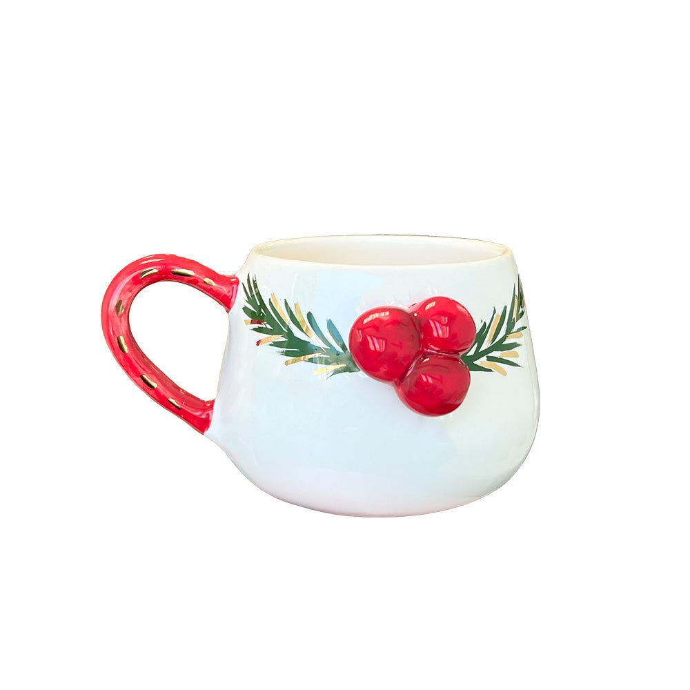 CANECA DE CERÂMICA FEITA À MÃO AZEVINHOS NATAL 360ML
