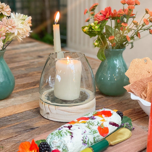 VASO DE VIDRO BASE MADEIRA PARATY M 15CM