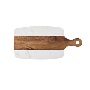 TÁBUA DE MADEIRA E MARMORE BRANCO COM ALÇA G  22 X 40 CM