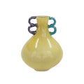 VASO  EM VIDRO FUN BEGE COM ALCAS AZUL E ROXO 23CM