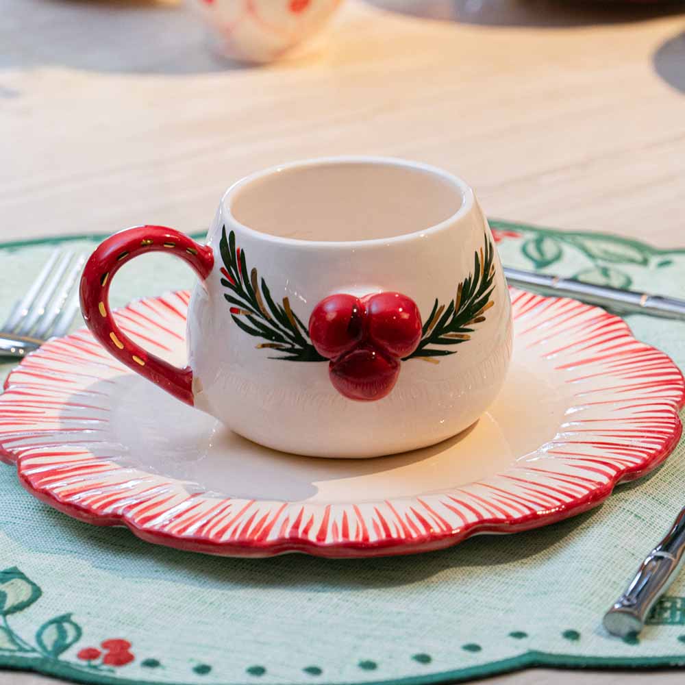CANECA DE CERÂMICA FEITA À MÃO AZEVINHOS NATAL 360ML