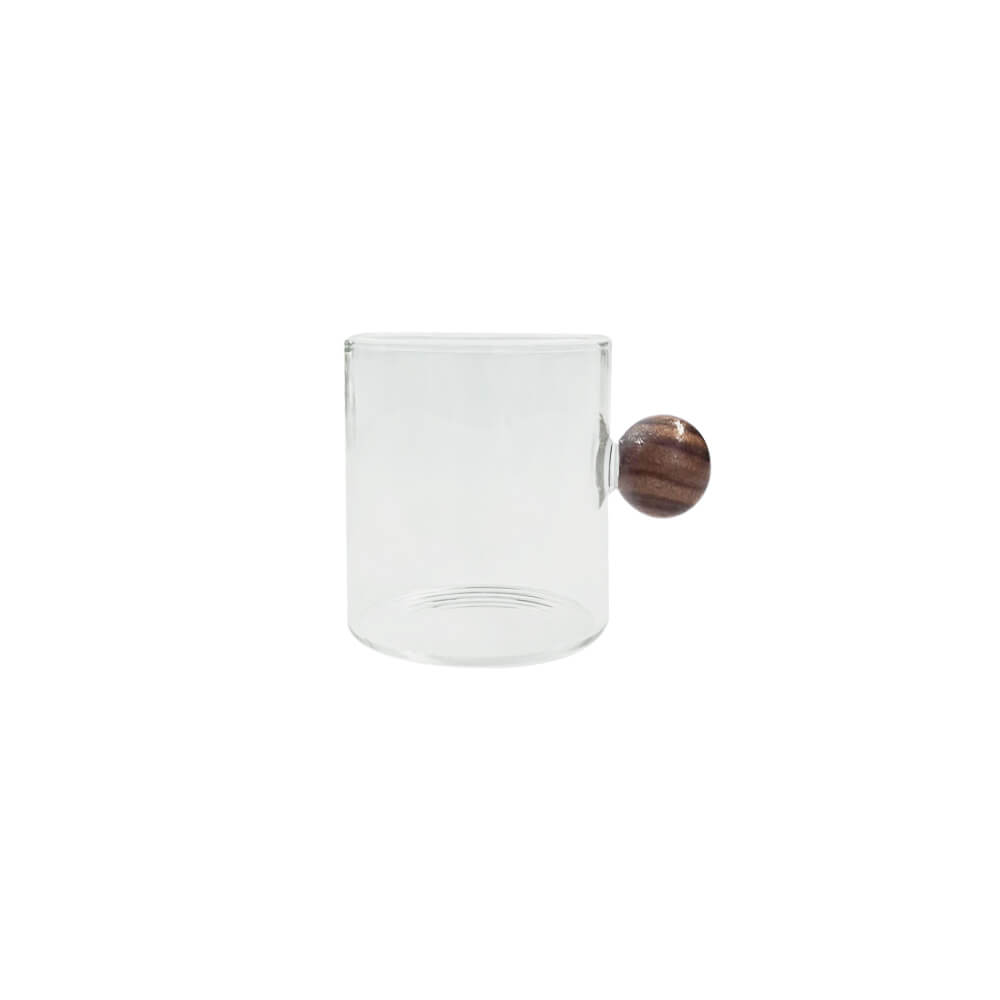 Xícara de vidro esfera com cabo de madeira 100ml transparente